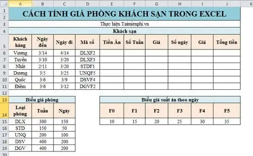 Bảng Tính Tiền Thuê Khách Sạn Trong Excel Bảng Tính Tiền Thuê Khách Sạn Trong Excel